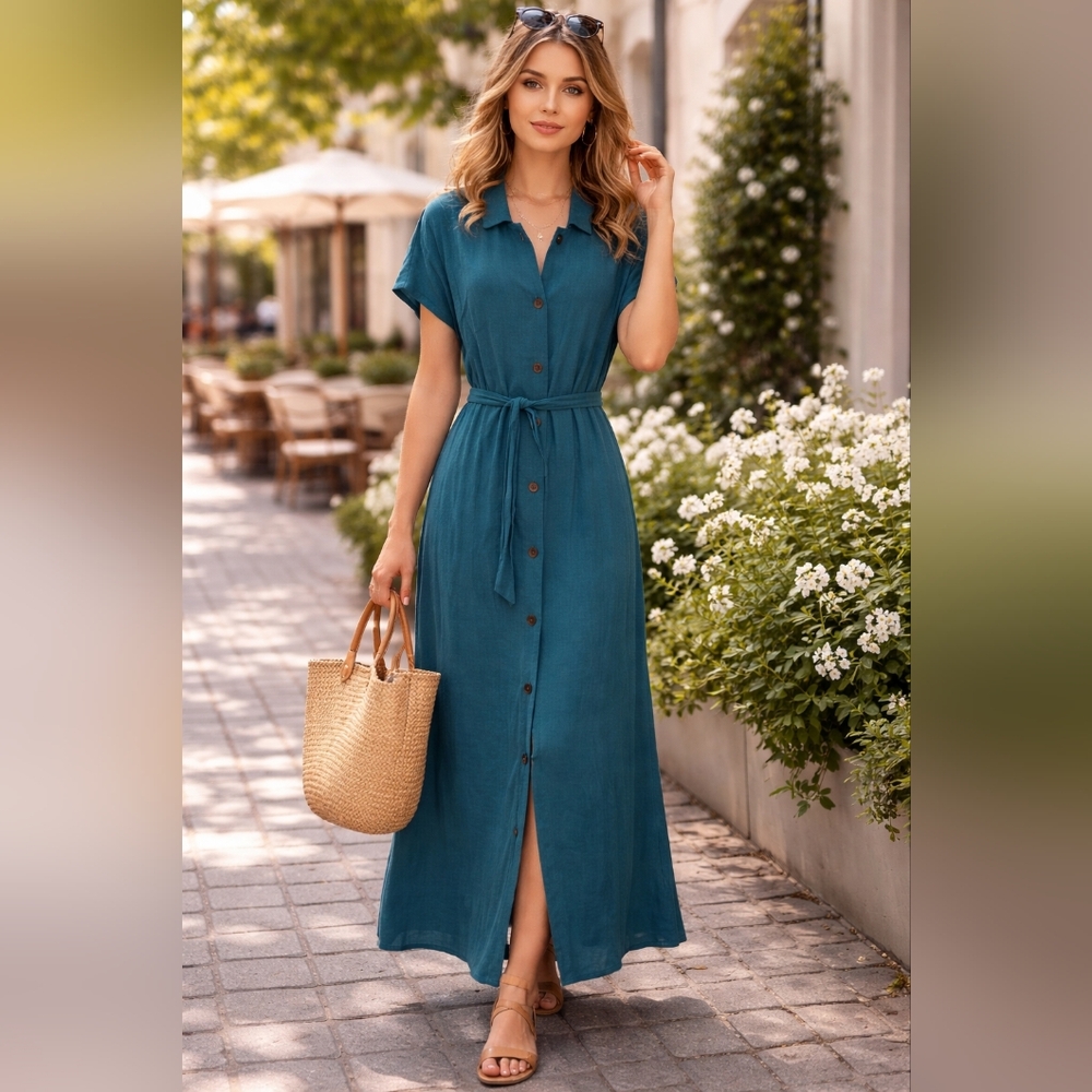 Monk & Lou/ Linen Blend/ Button-up Teal Maxi Dress with Self-Tie Belt/ Size US S